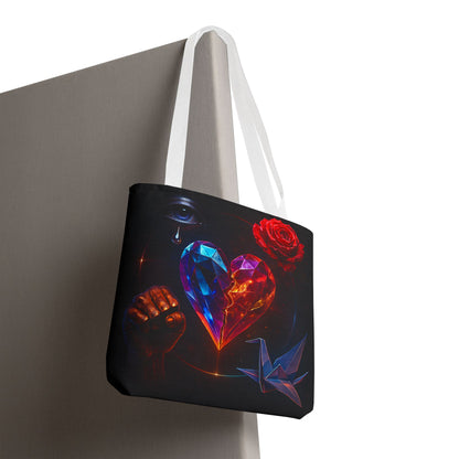 Heart and Rose Tote Bag, Bohemian Tote, Gift for Her, Unique Bag, Art Print Tote, Stylish Shopping Bag