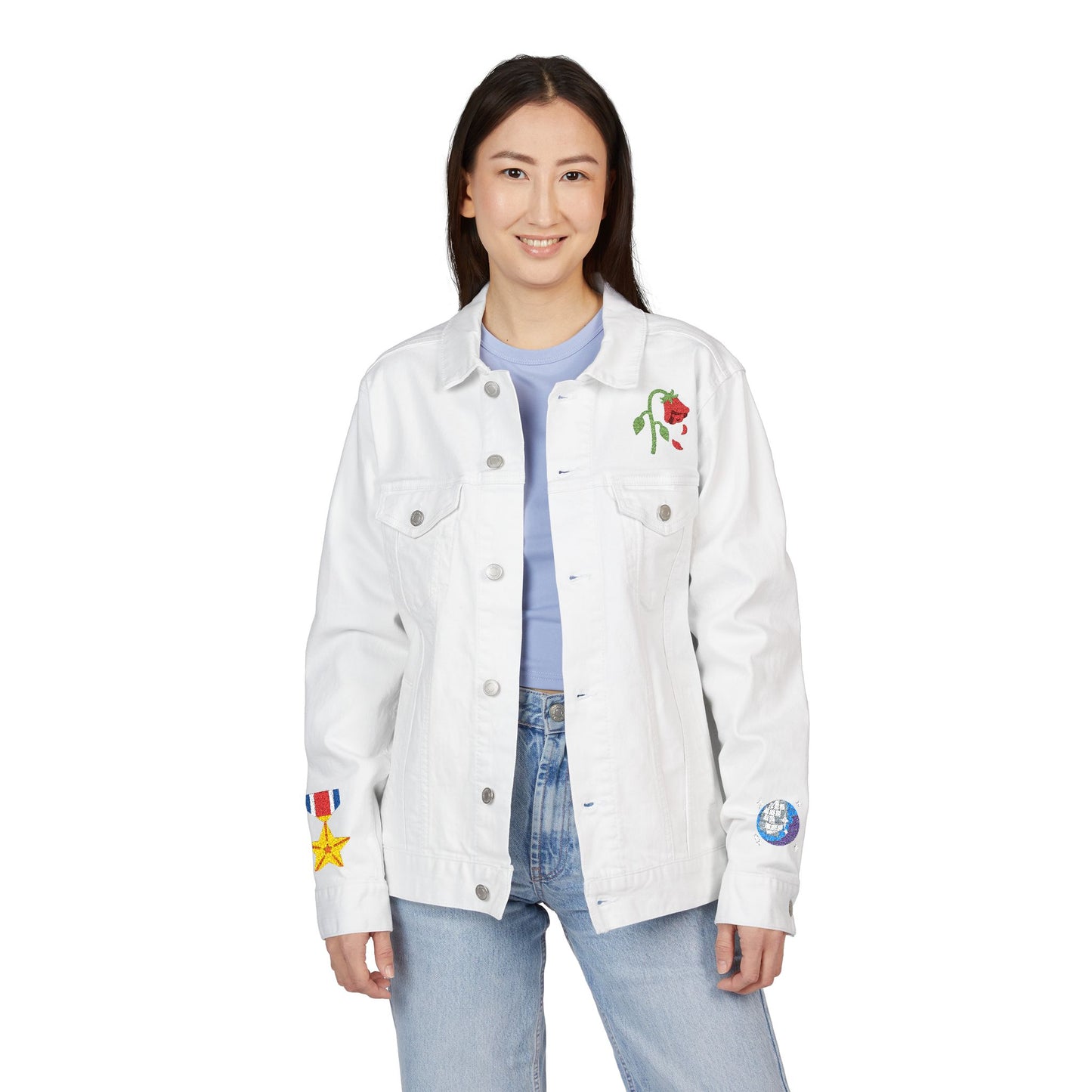 Chic Embroidered Denim Jacket, Unisex Casual Outerwear, Trendy Summer Layering, Unique Gift for Her/Him, Perfect for Festivals and [...]