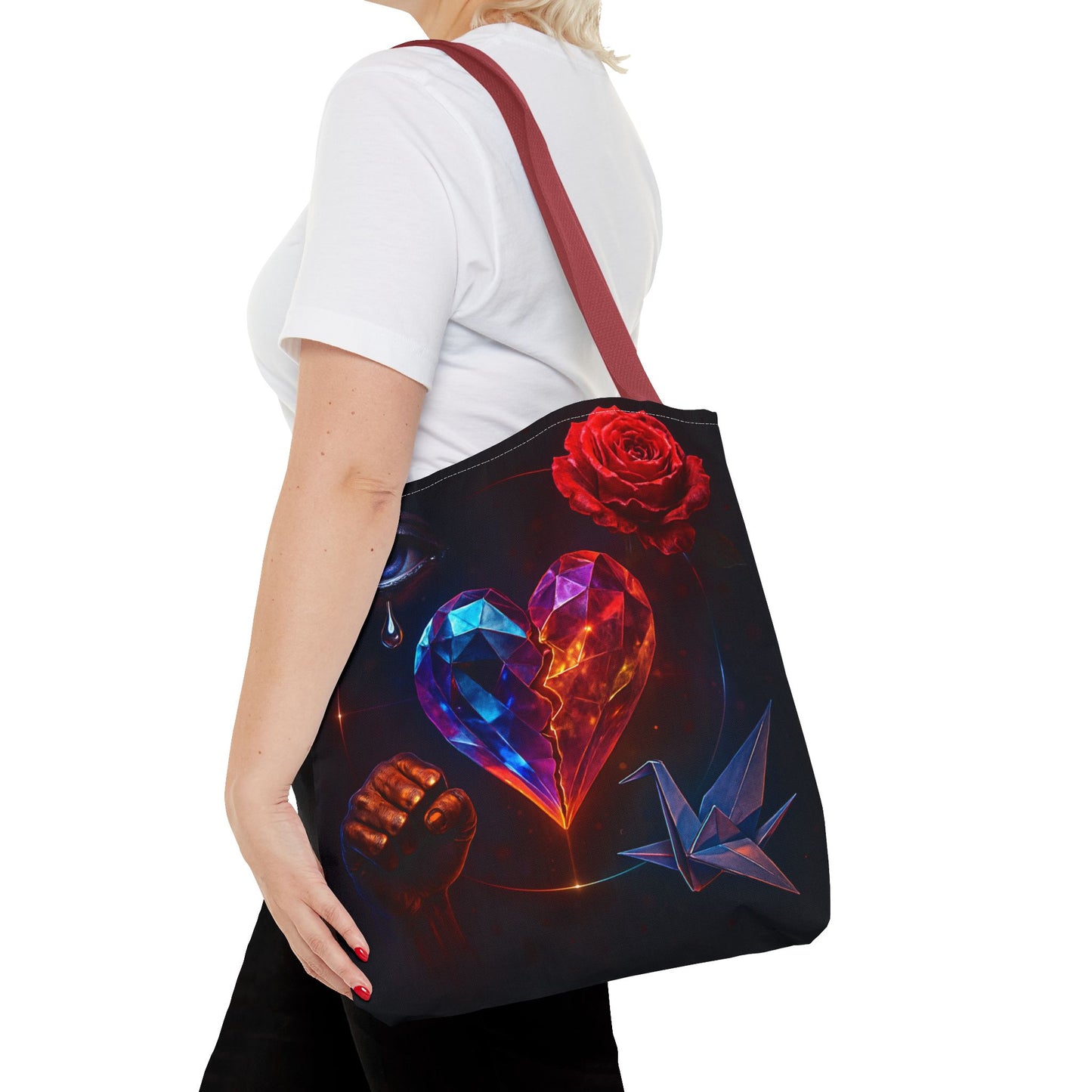 Heart and Rose Tote Bag, Bohemian Tote, Gift for Her, Unique Bag, Art Print Tote, Stylish Shopping Bag