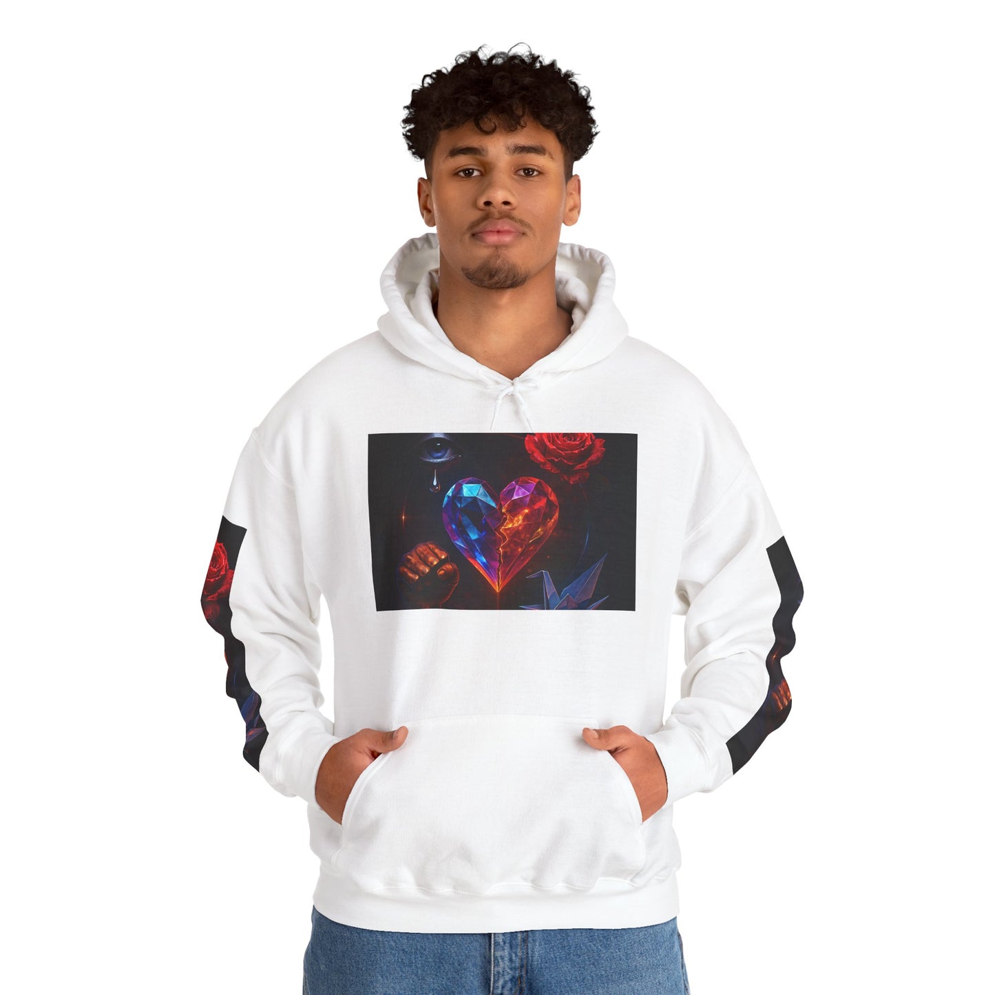 Colorful Heart & Cash Unisex Hooded Sweatshirt, Cozy Gift for Couples, Valentine’s Day, Streetwear Fashion, Unique Art Apparel