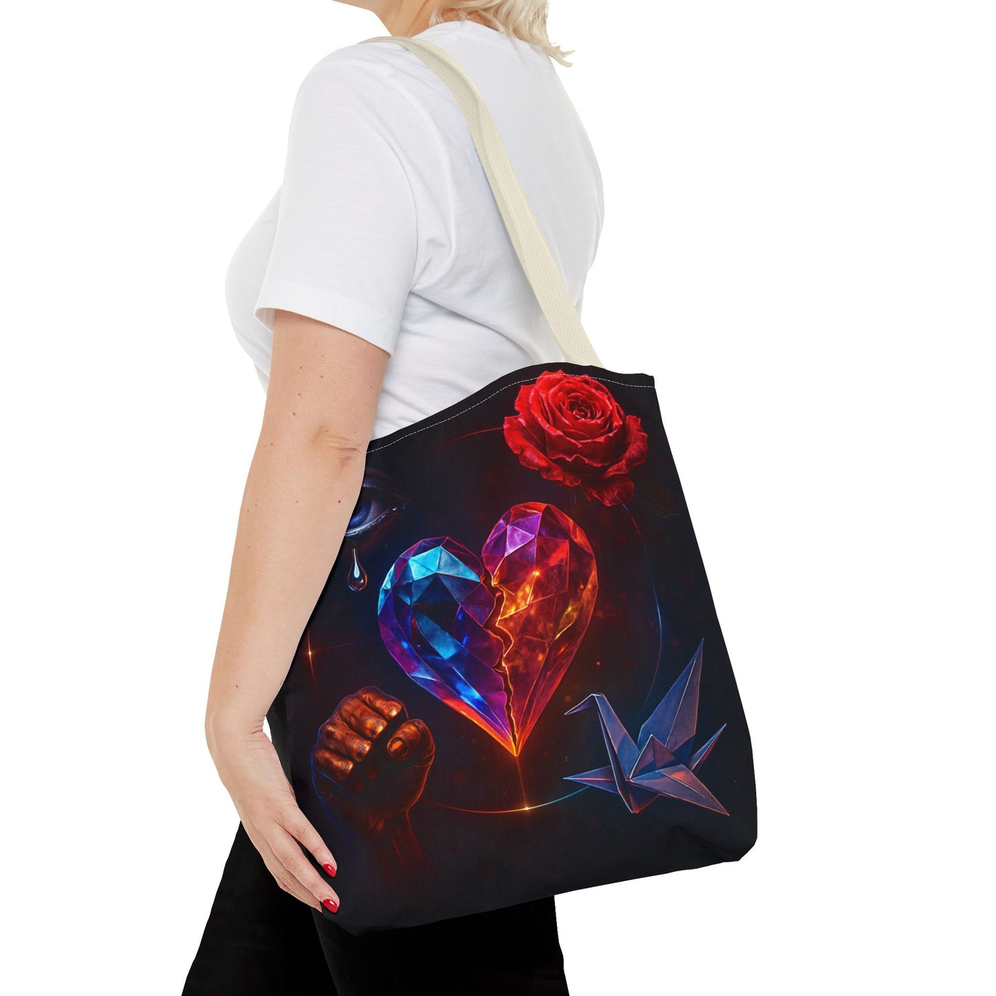 Heart and Rose Tote Bag, Bohemian Tote, Gift for Her, Unique Bag, Art Print Tote, Stylish Shopping Bag