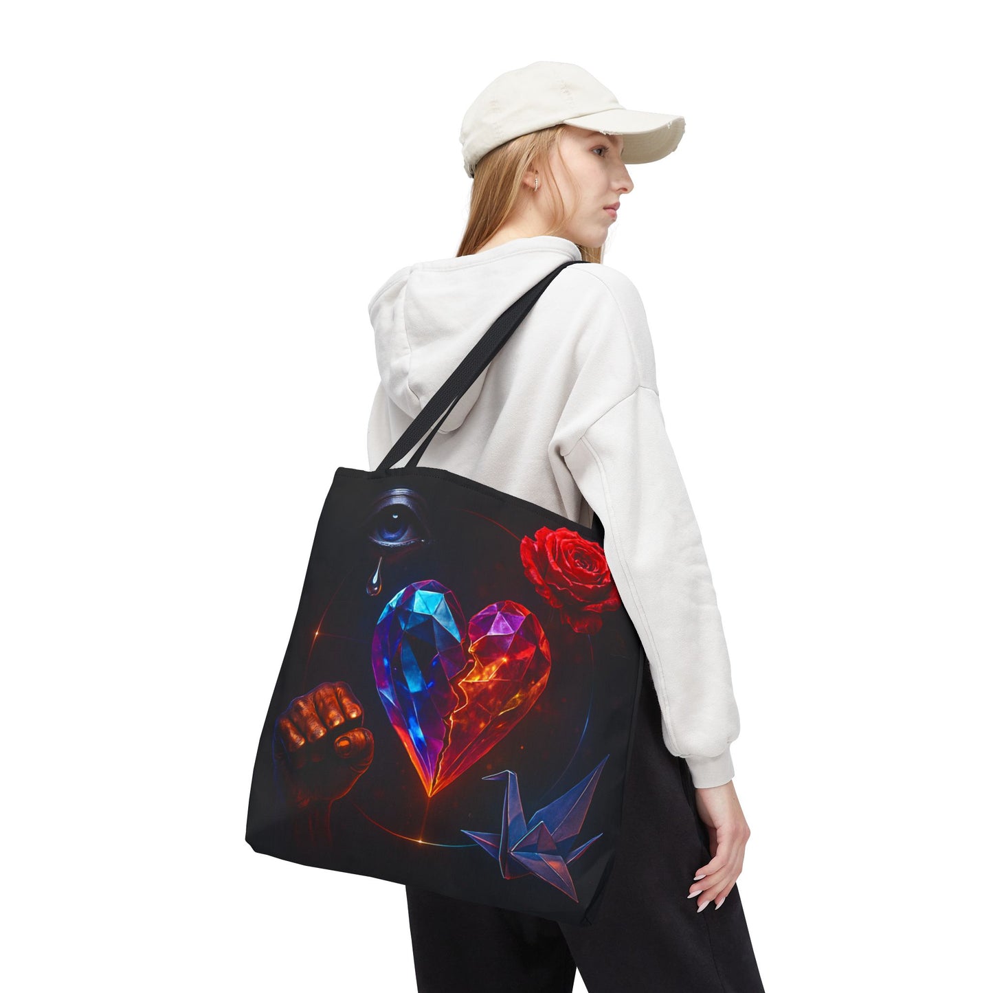 Heart and Rose Tote Bag, Bohemian Tote, Gift for Her, Unique Bag, Art Print Tote, Stylish Shopping Bag