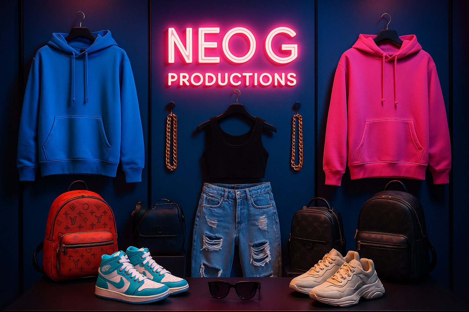 Expensive, trendy,  attention grabbing clothing and accessories liked by young adults and teenagers currently with my stores name featured in the picture 